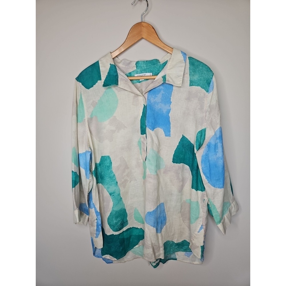 Chico's 2.5 Popover Tunic Top 14 Linen Button Back Abstract Coastal Lagenlook